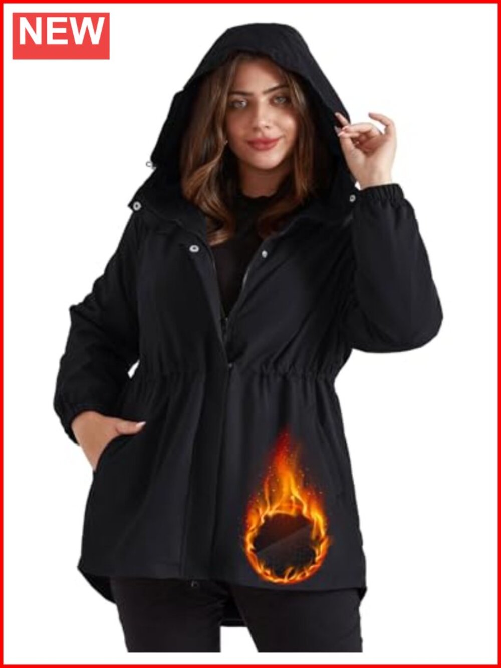 Plus Size Fleece Lined Waterproof Rain Jacket with Adjustable Hood